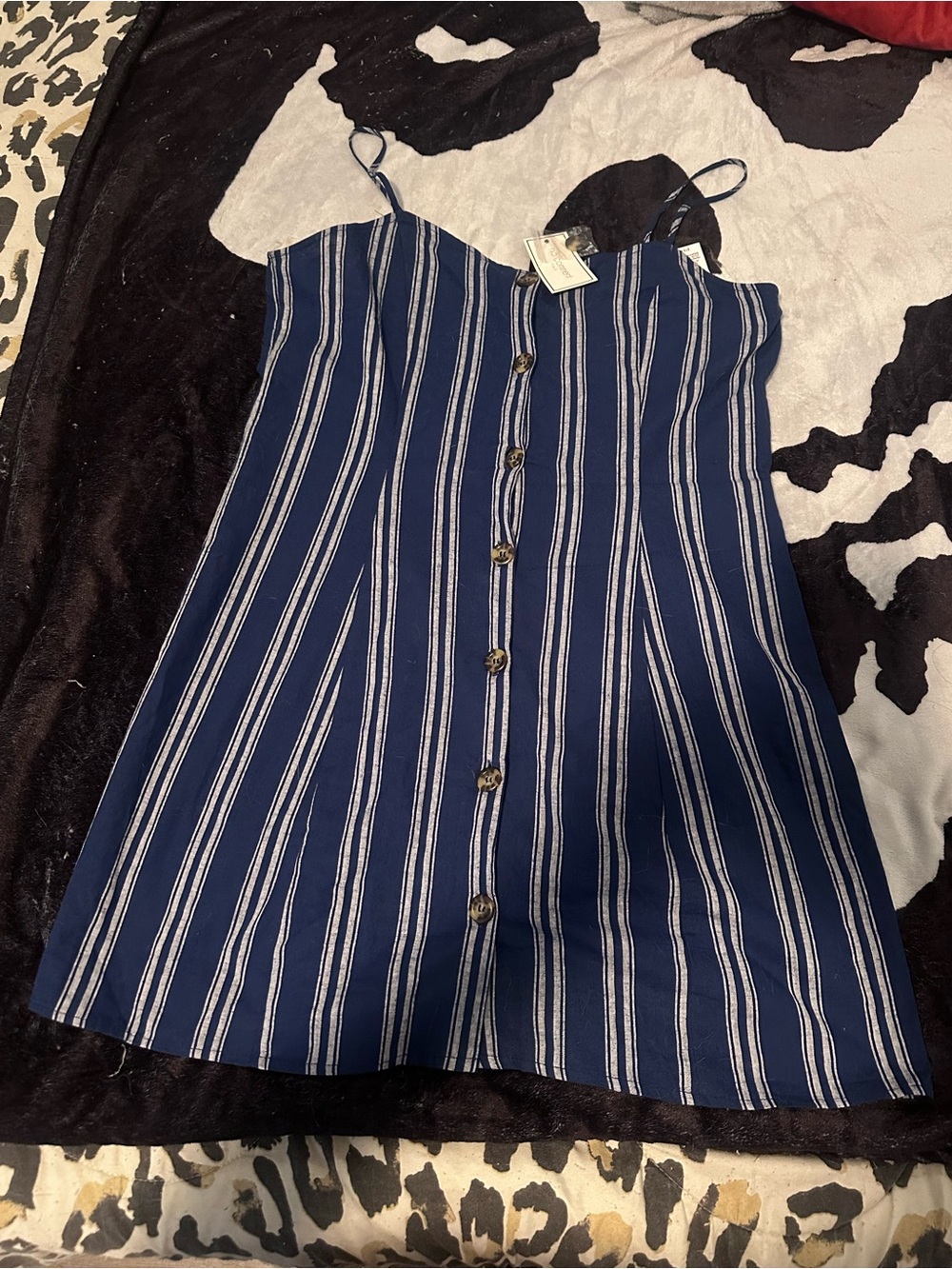 Navy Striped Button-Front Spaghetti Strap Dress
